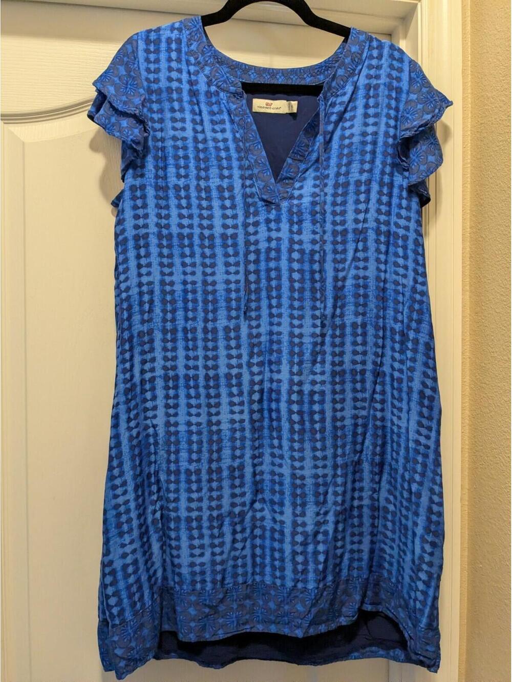 Vineyard Vines Shibori Vineyard Silk-Blend Tunic Blue Ruffled Sleeve Lined Sz XL